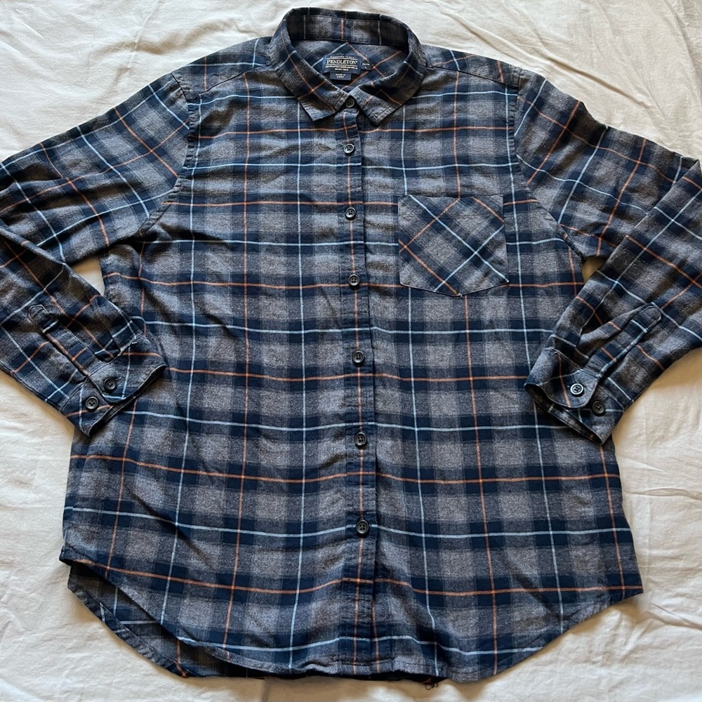pendleton Shirt Mens Large Petite Flannel Casual Long‎ PM179-69484 Gray Blue